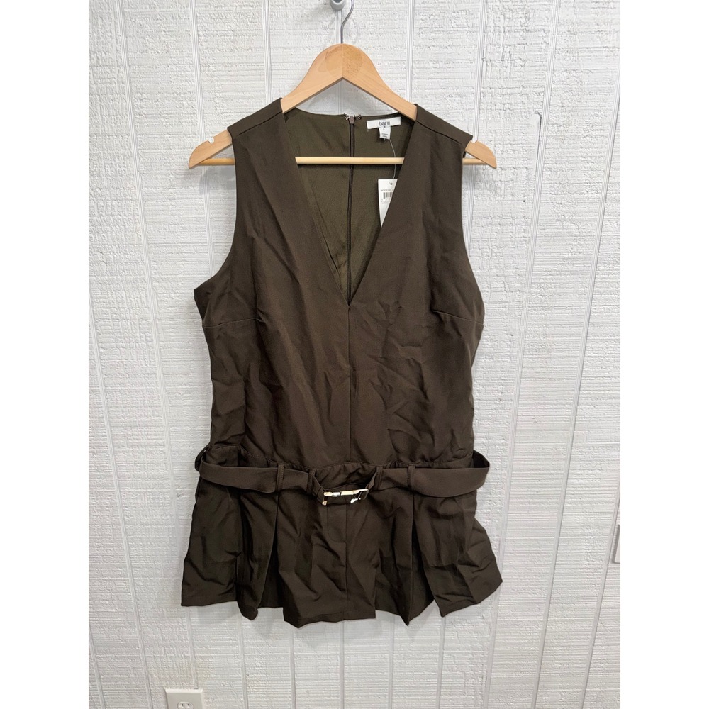 Bar III Sleeveless Belted Utility Dress Women Olive Green V-Neck Pleated Large L